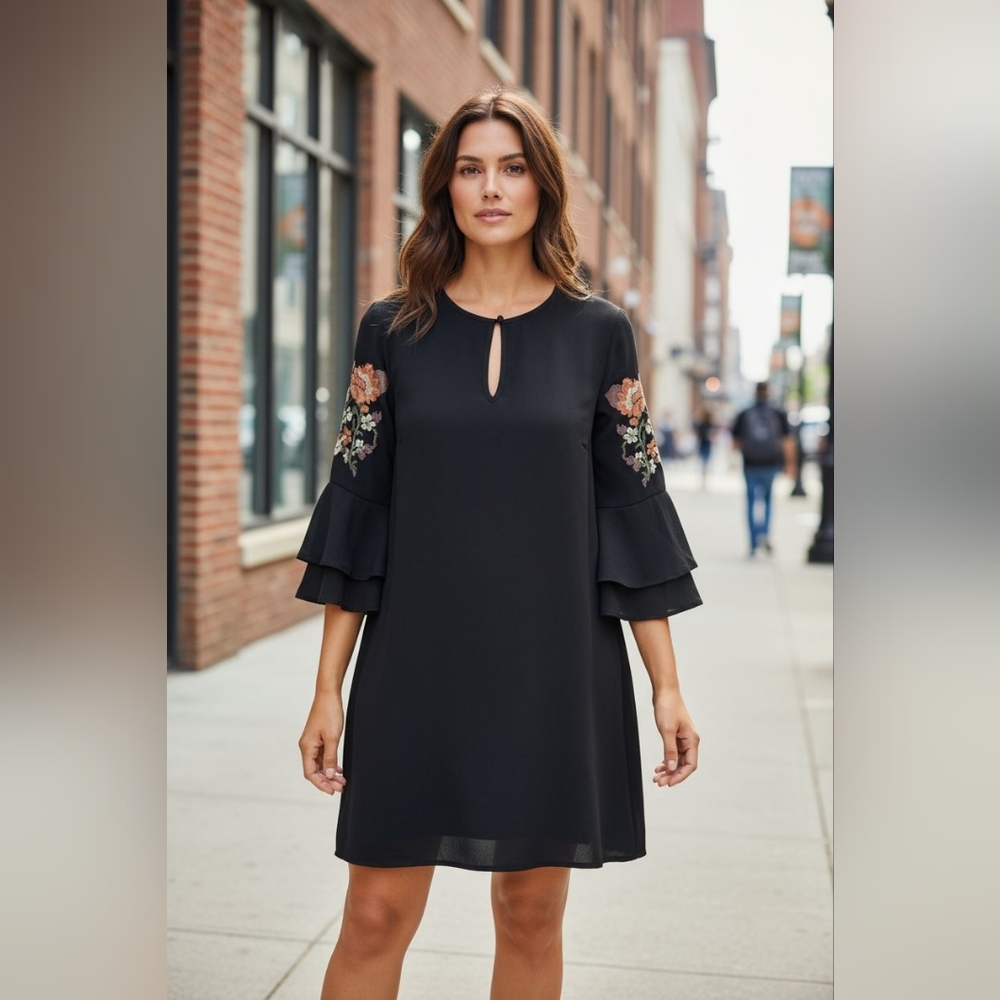 She & Sky A-line Dress Size Small. Embroidery on Flutter Sleeve